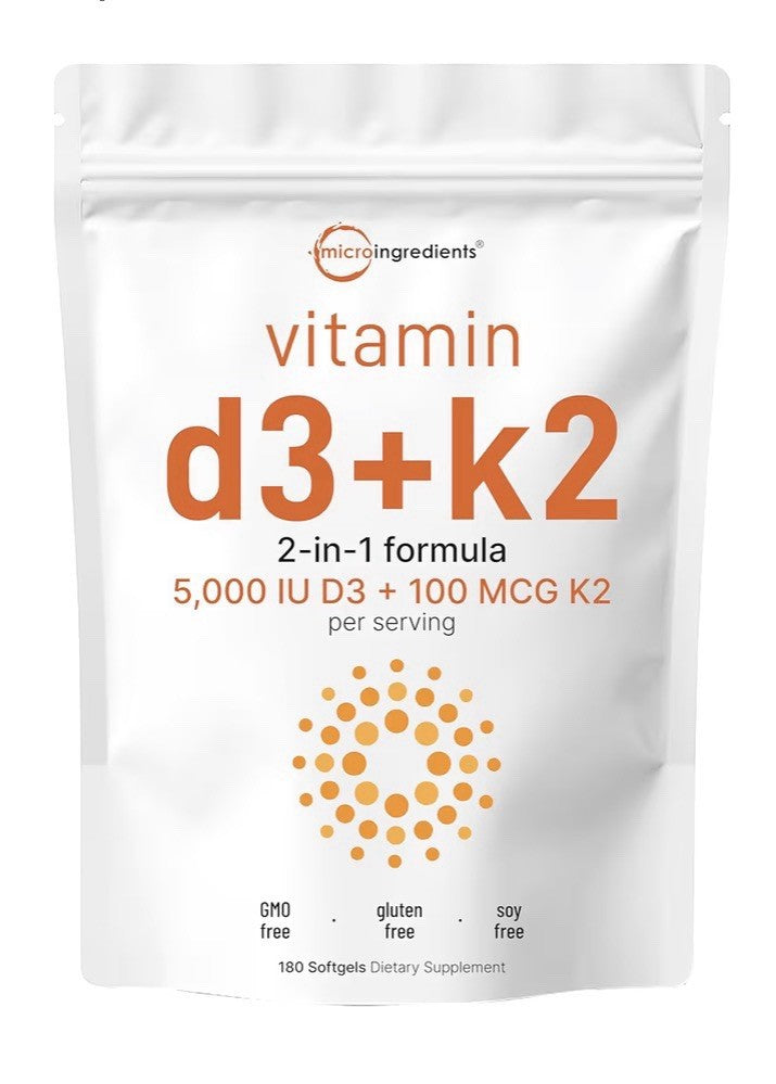Micro Ingredients Vitamin D3 + K2 MK-7 5,000 IU D3 Per Serving 180 Softgels