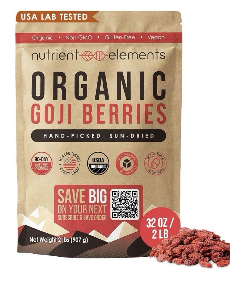 Nutrient Elements Goji Berries Certified USDA Organic, Raw, Sun-Dried 32oz