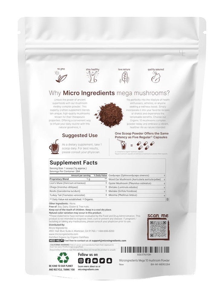 Micro Ingredients Organic Mega Mushroom Powder 10-in-1 Immune Defense 10 oz