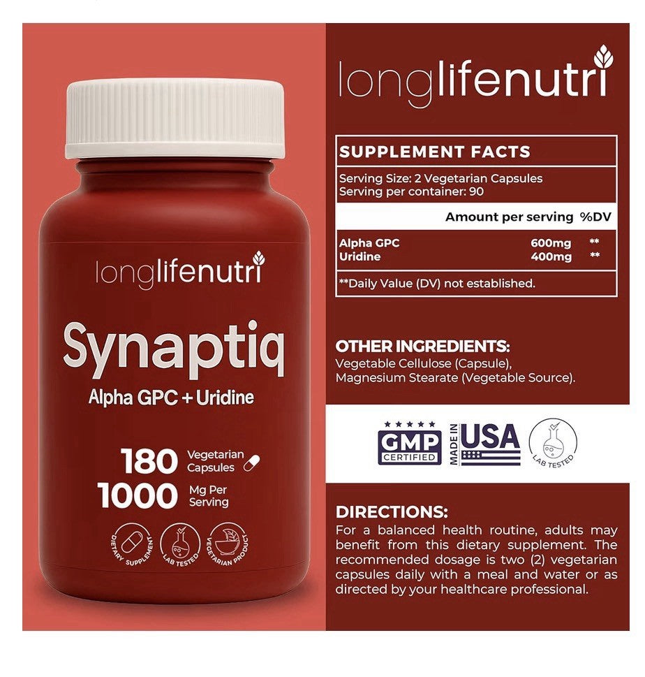 LongLifeNutri Synaptig 1000mg Alpha GPC + Uridine Monophosphate 600mg 180capsule