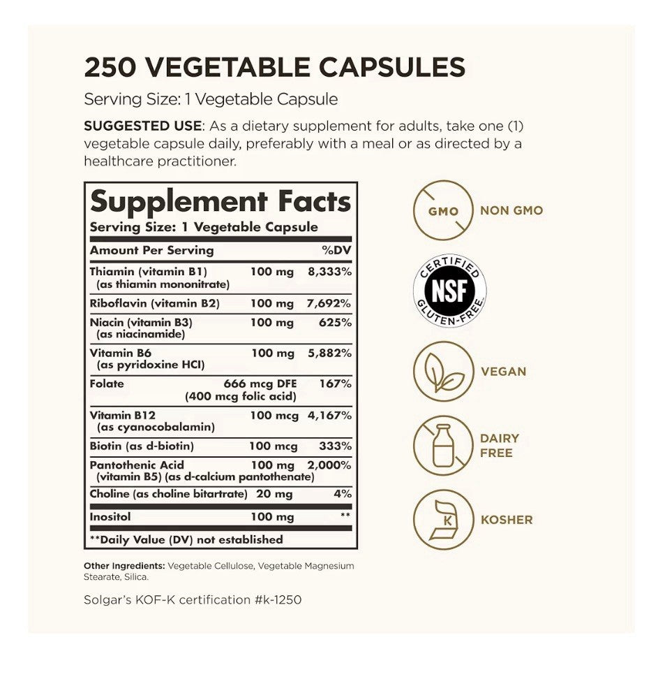 Solgar B-Complex "100" Nervous System Support Energy Metabolism 250 Capsules
