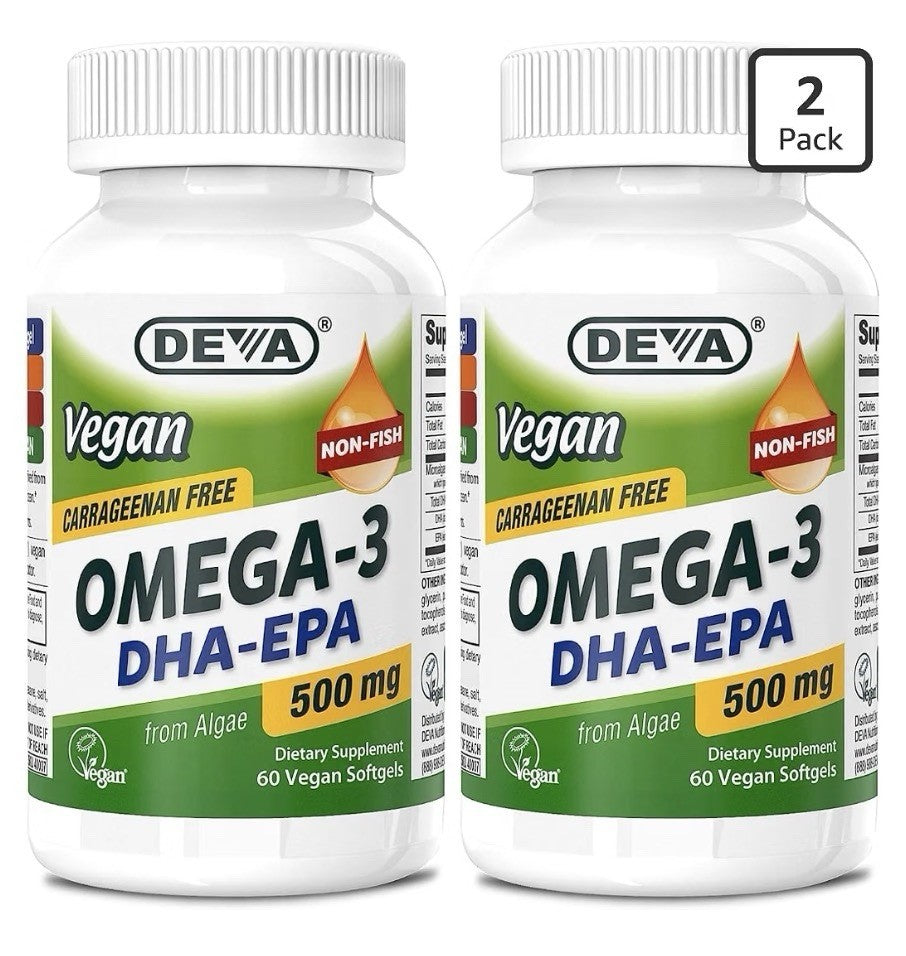 2 Pack DEVA Vegan Omega-3 DHA-EPA 500MG No Carrageenan Non-Fish Oil