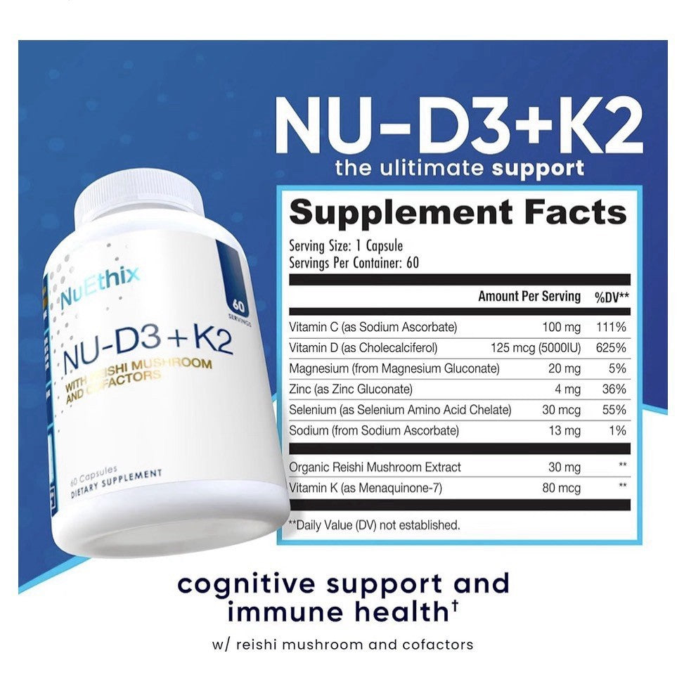 NuEthix Formulations NU-D3 + K2 With Reishi Mushroom And Cofactors 60 Capsules