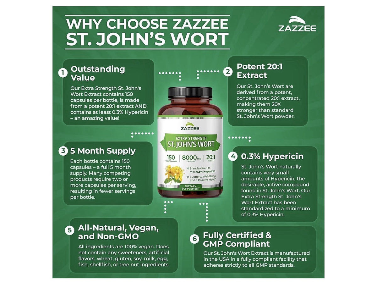 Zazzee St. John’s Wort Supports Wellbeing , Positive Mood 0.3% Hypericin 150Caps