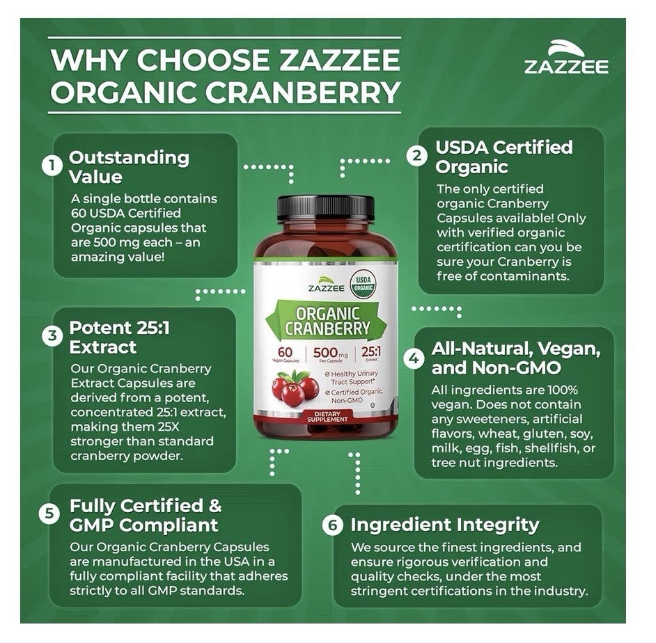 Zazzee Organic Cranberry Healthy Urinary Tracy Support 2 Month Supply 60 Capsule