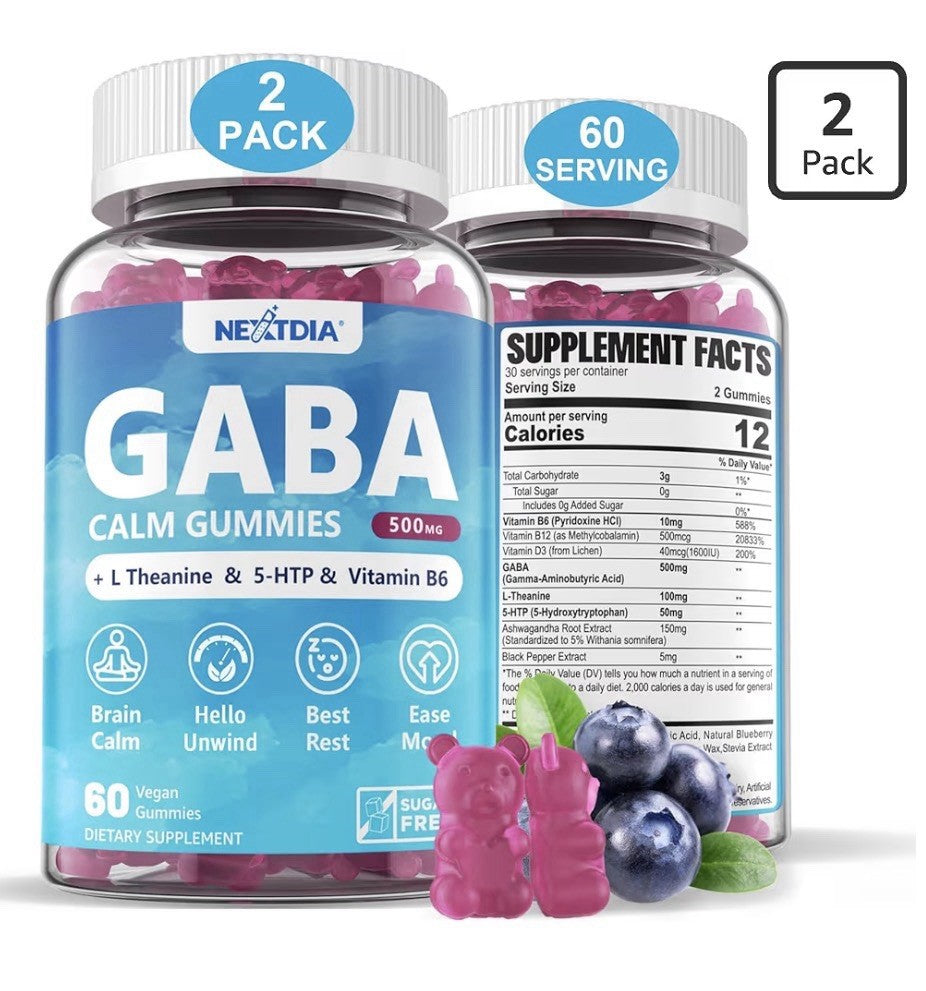 2 Pack Nextdia GABA Calm Gummies 500 mg with L Theanine 5-HTP Vitamins B6