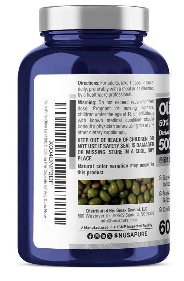 NusaPure Olive Leaf 50% Oleuropein 500 mg Per Capsule 60 Capsules 60 Servings