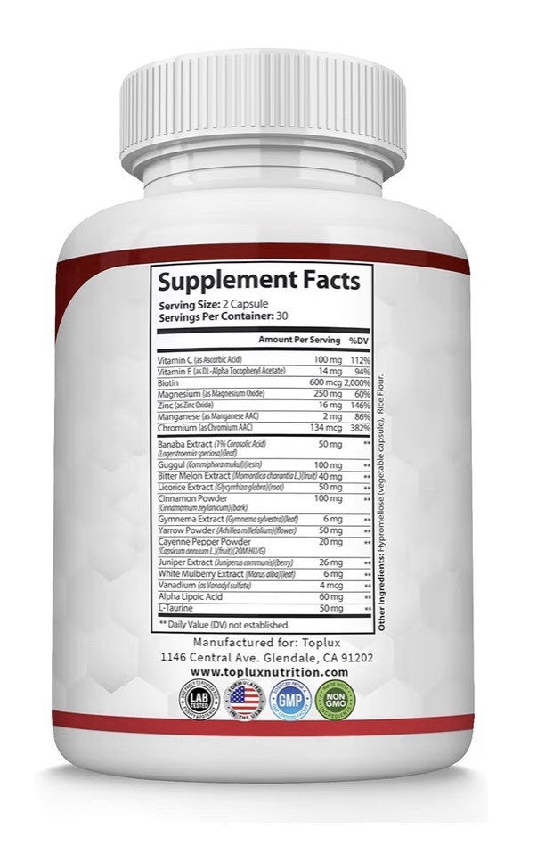 Toplux Blood Sugar Complex 20 Active Ingredients Supports Overall Health 60 Caps