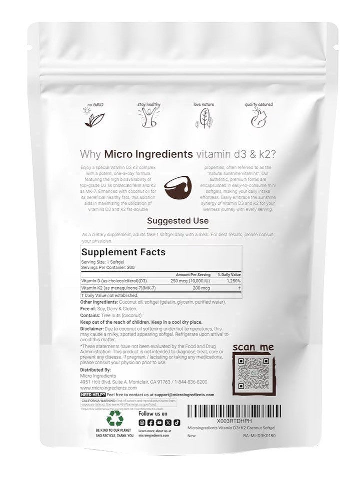 Micro Ingredients Vitamin D3 + K2 MK-7 10,000 IU D3 Per Serving 300 Softgels