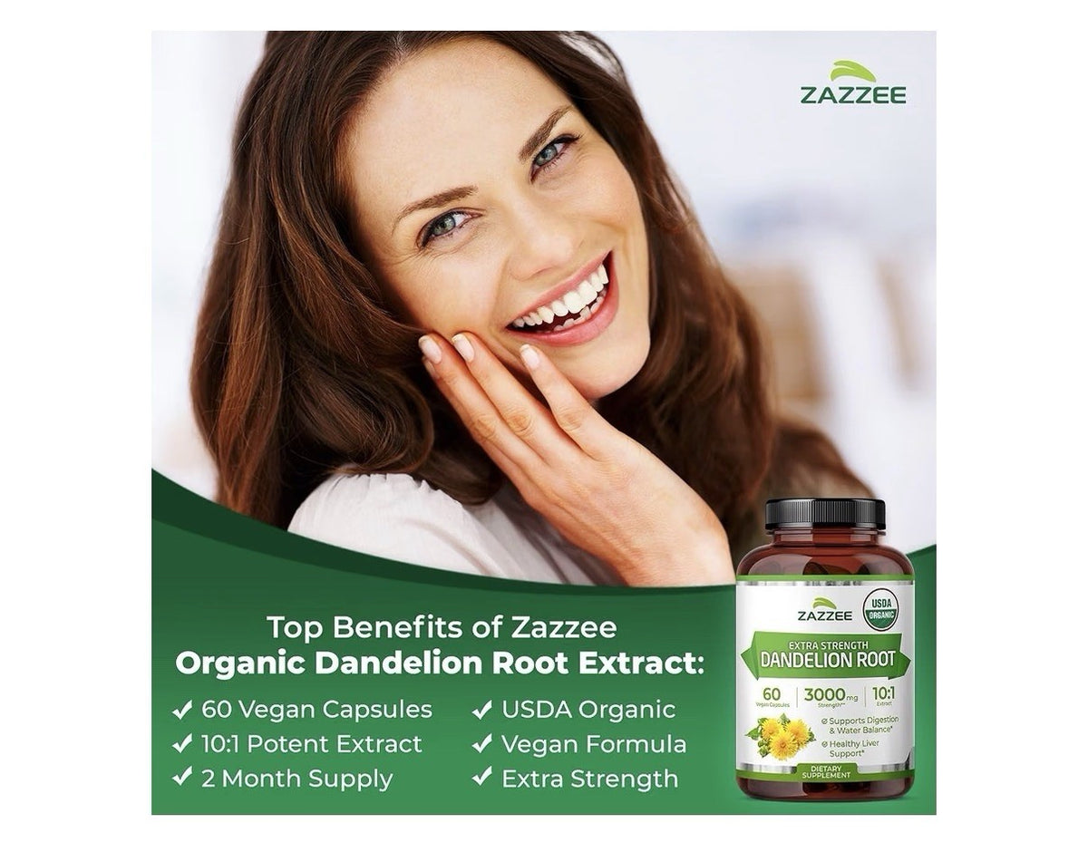 Zazzee Dandelion Root Digestive Water Balance Liver Support 2 Month Supply 60cap