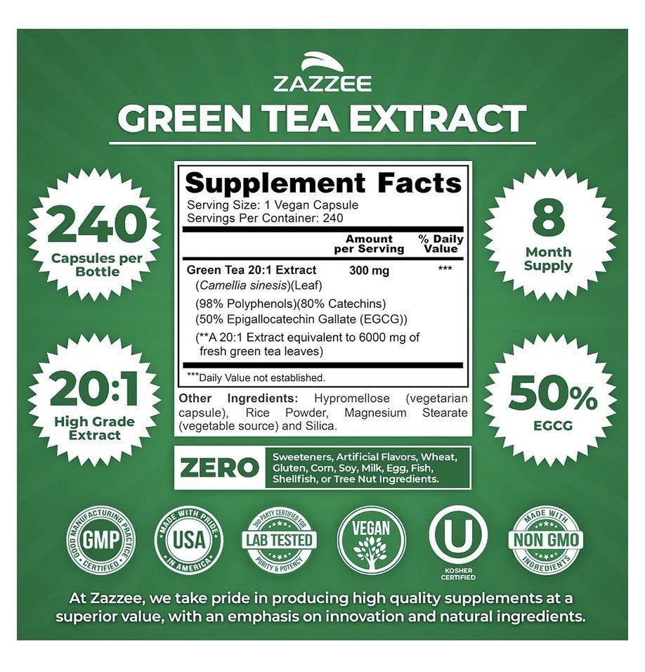 Zazzee Green Tea Supports Optimal Metabolism Healthy Energy Levels 8Month Supply