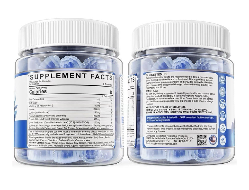2 Pack Nextdia Blue Spirulina + Chlorella Gummies High Phycocyanin Content