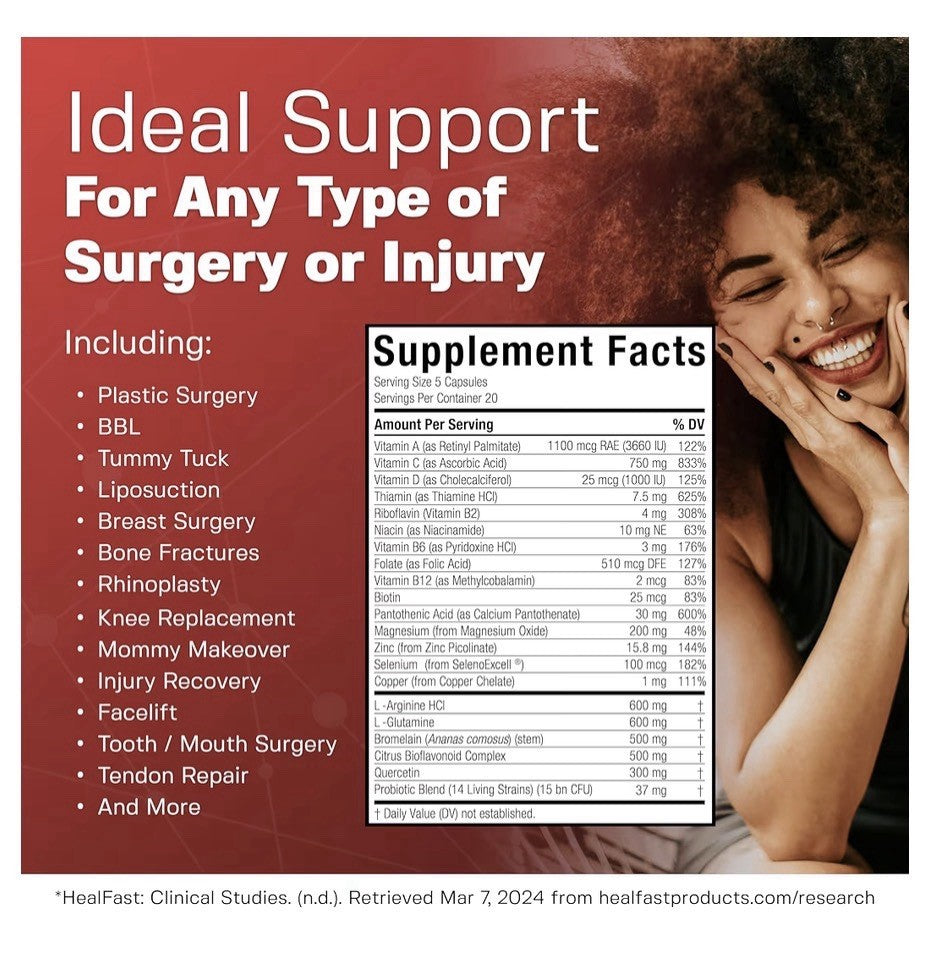 HealFast Post Surgery & Injury Recovery Supplement Supports Healing 100 Capsules