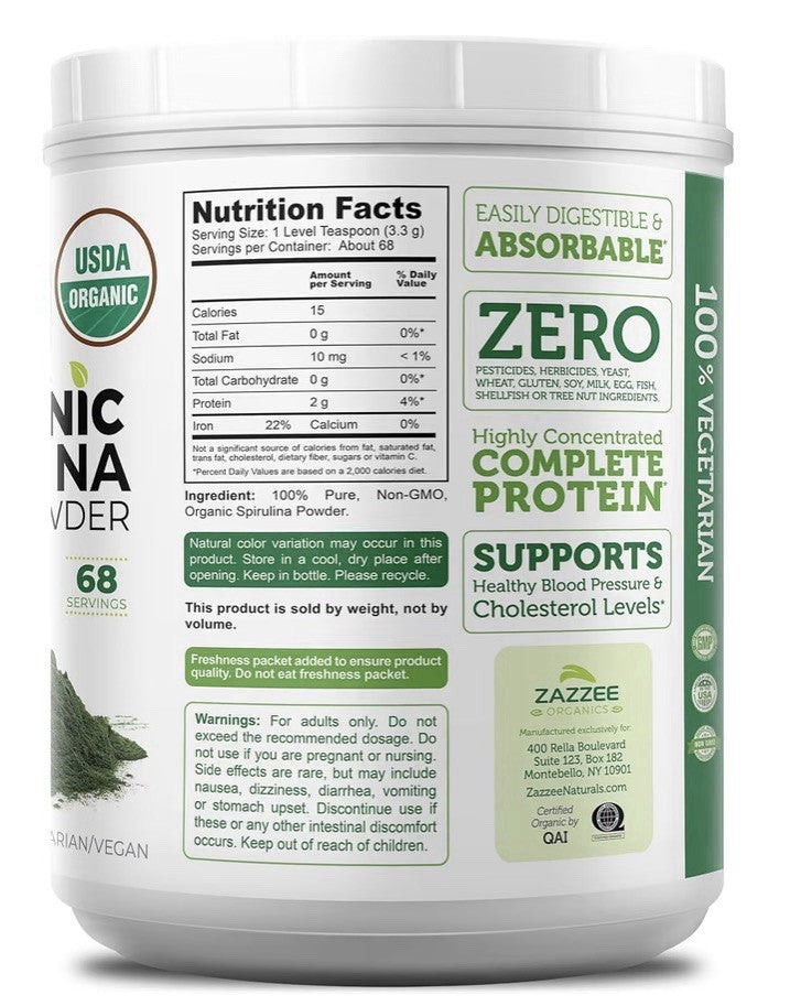 Zazzee Organic Spirulina Powder Pure Superfood 8 oz 68 Servings