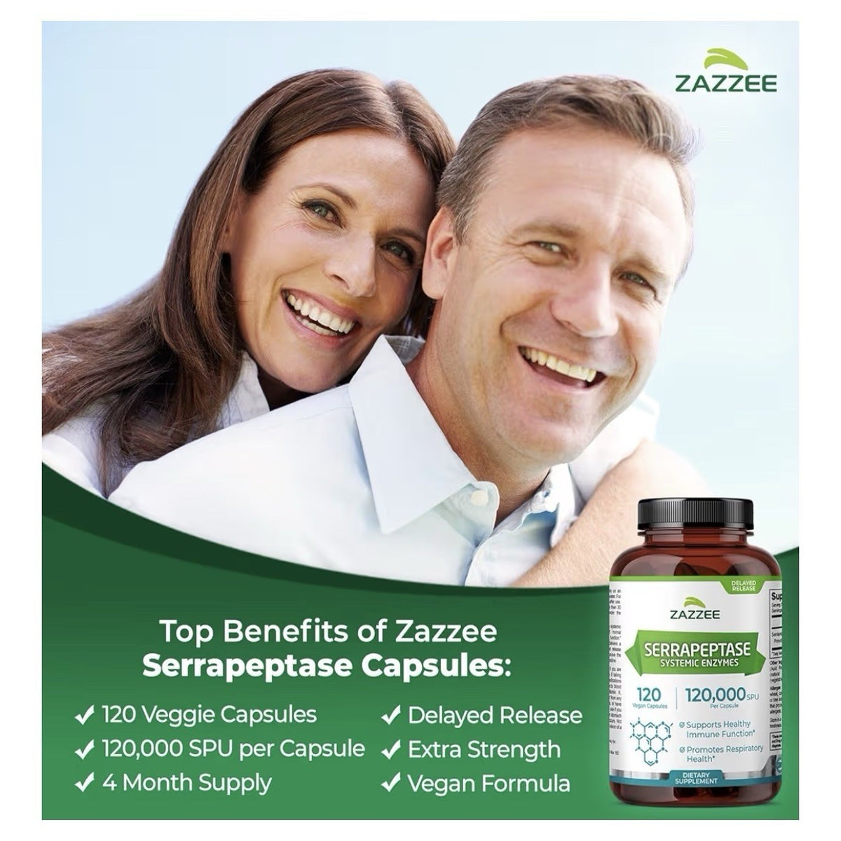 Zazzee Serrapeptase Systemic Enzymes Immune Repiratory Health 4Month Supply 120c