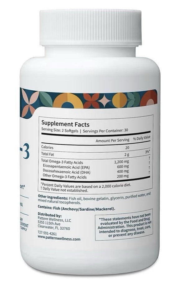 Pattern Wellness Omega 3 Pure Fish Oil Heart Brain Joint Support EPA + DHA 60cap