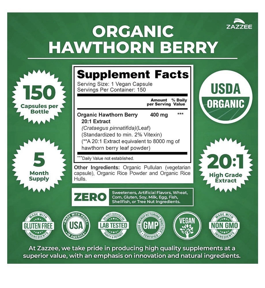 Zazzee Hawthorn Berry 2% Vitexin Balance Vitality Support 5 Month Supply 150caps