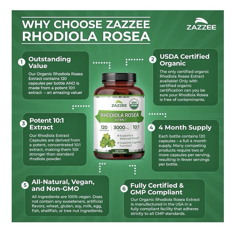 Zazzee Rhodiola Rossa Extract Supports Balanced Mood Cognitive Function 120 Caps