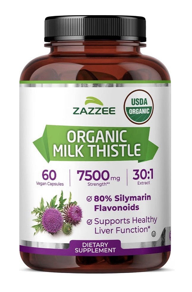 Zazzee Organic Milk Thistle 80% Silymarin Flavonoids Healthy Liver Function 60ca