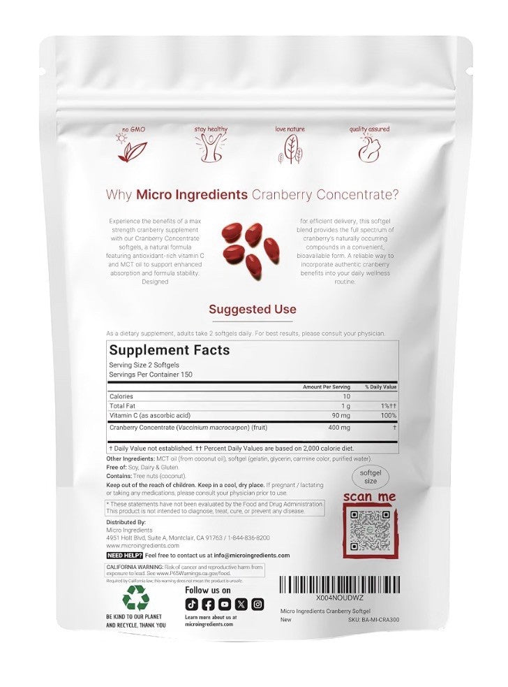 Micro Ingredients Cranberry Concentrate with Vitamin C for Women 300 Softgels