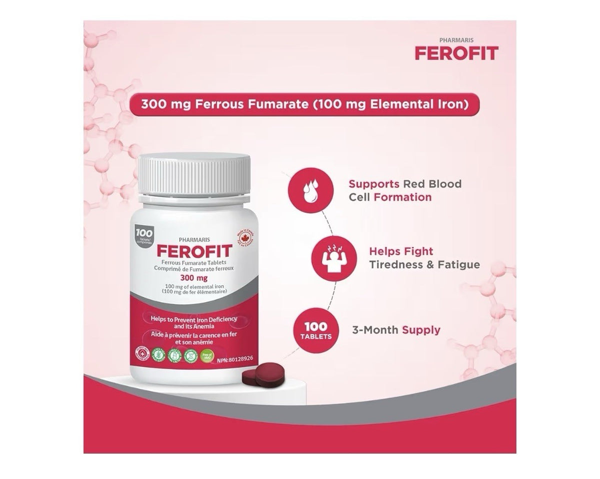Pharmaris Ferofit Ferrous Fumarate 300mg (Elemental Iron) Prevent Anemia 100Tabs