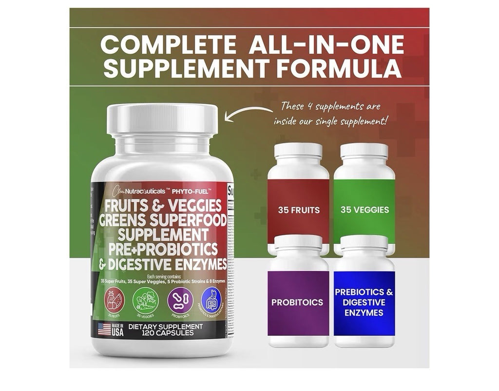Clean Nutraceuticals Fruits and Veggies Supplement Reds & Green Superfood 120Cap