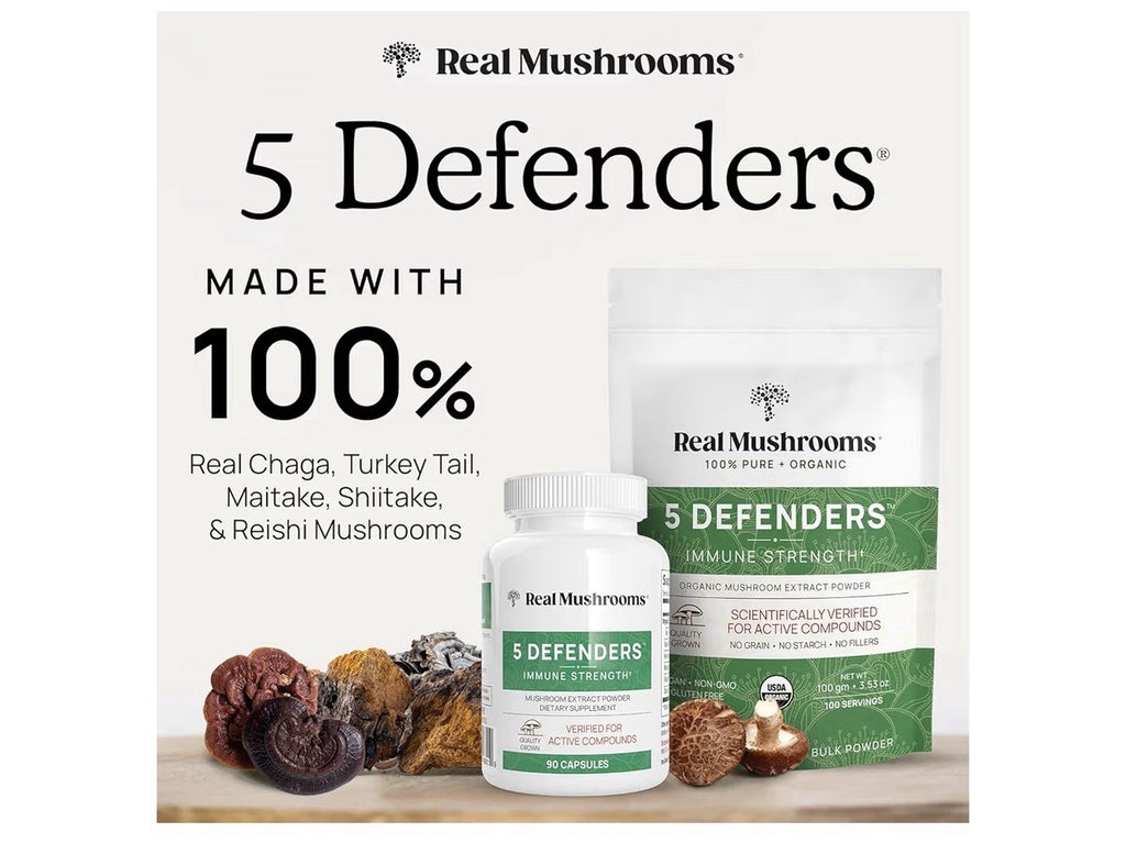 Real Mushrooms 5 Defenders Adaptogenic Mushrooms Complex Wellness Support 90ct