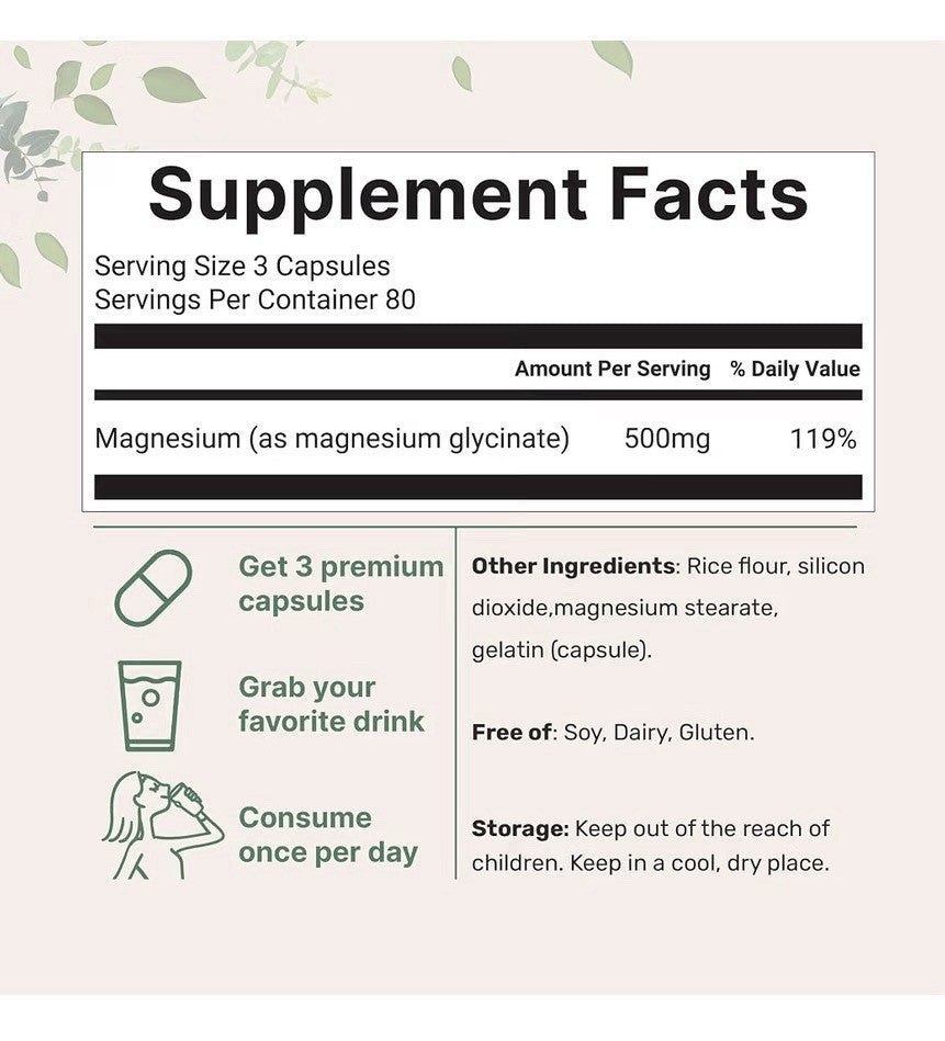Micro Ingredients Magnesium Glycinate 500mg Per Serving 240 Capsules