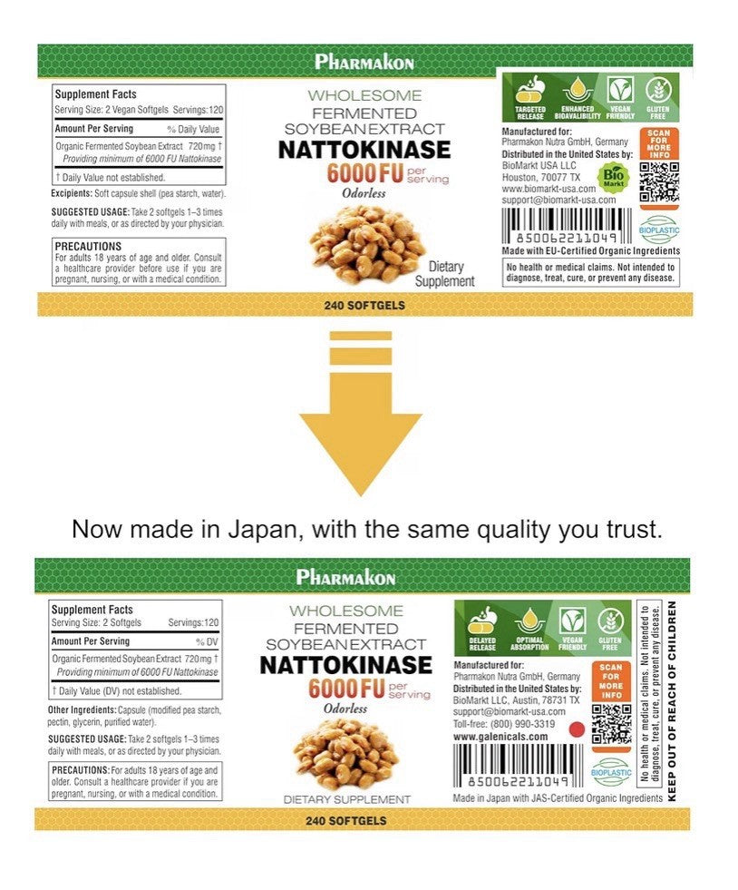 PHARMAKON Nattokinase 6000 FU Odorless Wholesome Fermented Soybean Extract 240sg