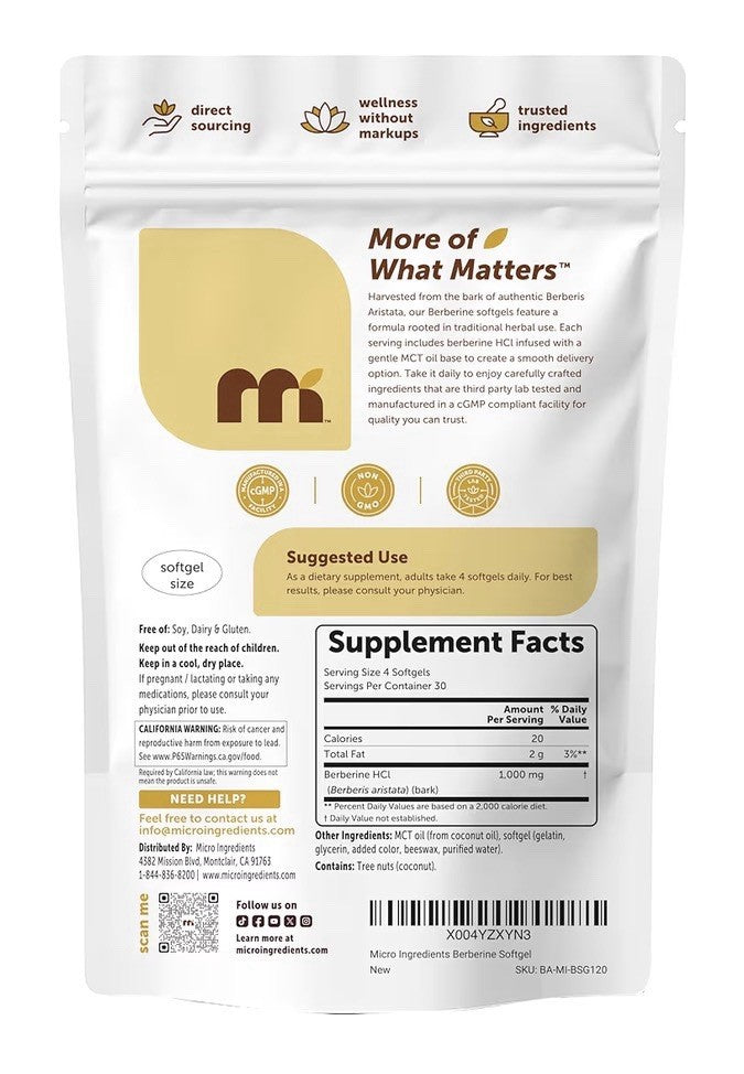 Micro Ingredients Berberine 1000mg Per Serving with Mct Oil 120 Softgels