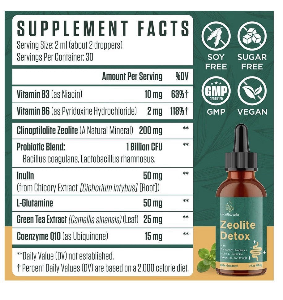 Glorithiventa Zeolite Detox Liquid Drops With Vitamin B Probiotic Blend 2oz