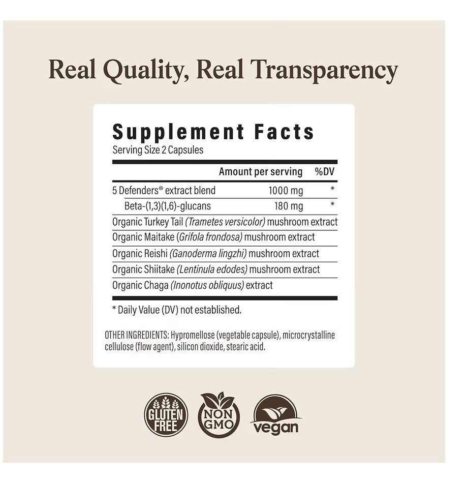 Real Mushrooms 5 Defenders Adaptogenic Mushrooms Complex Wellness Support 90ct