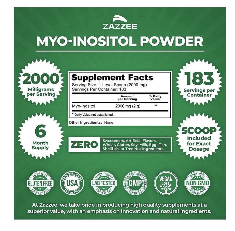 Zazzee Myo-Inositol Powder Ovarian Function Overall Reproductive Health 12.91 oz