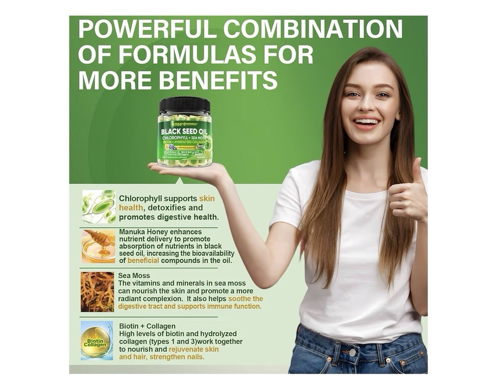 Neviss Black Seed Oil Gummies Chlorophyll Sea Moss for Adults & Kids 9+ 60gumies
