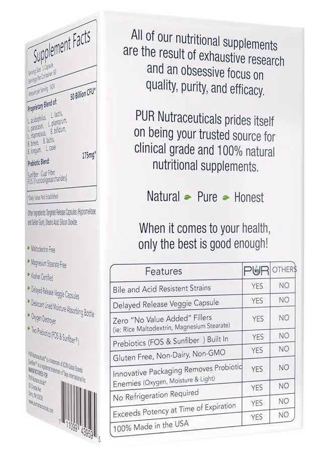 PUR Nutraceuticals Probiotics Clinical Grade 50 Billion CFUs Prebiotic 60capsule