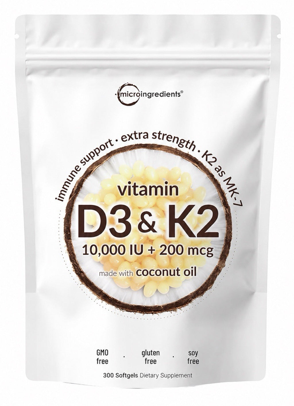 Micro Ingredients Vitamin D3 + K2 MK-7 10,000 IU D3 Per Serving 300 Softgels