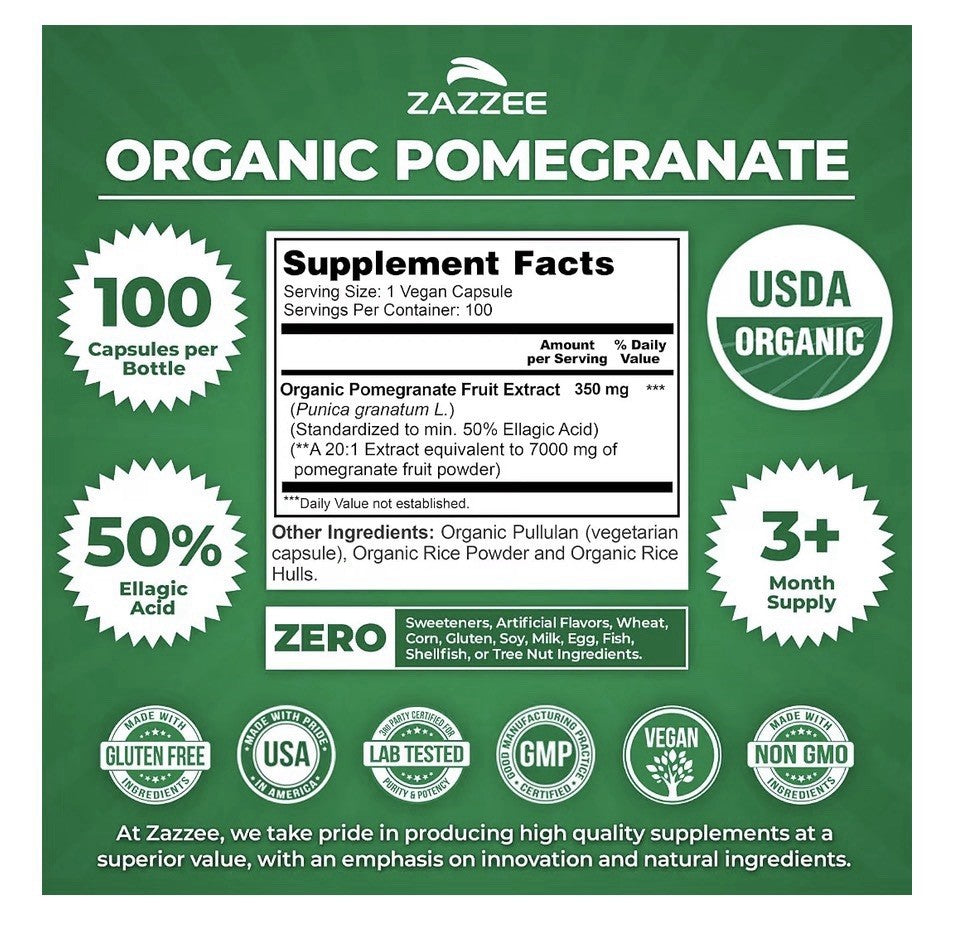 Zazzee Organic Pomegranate 50% Ellagic Acid Immune System Support 100 Capsules