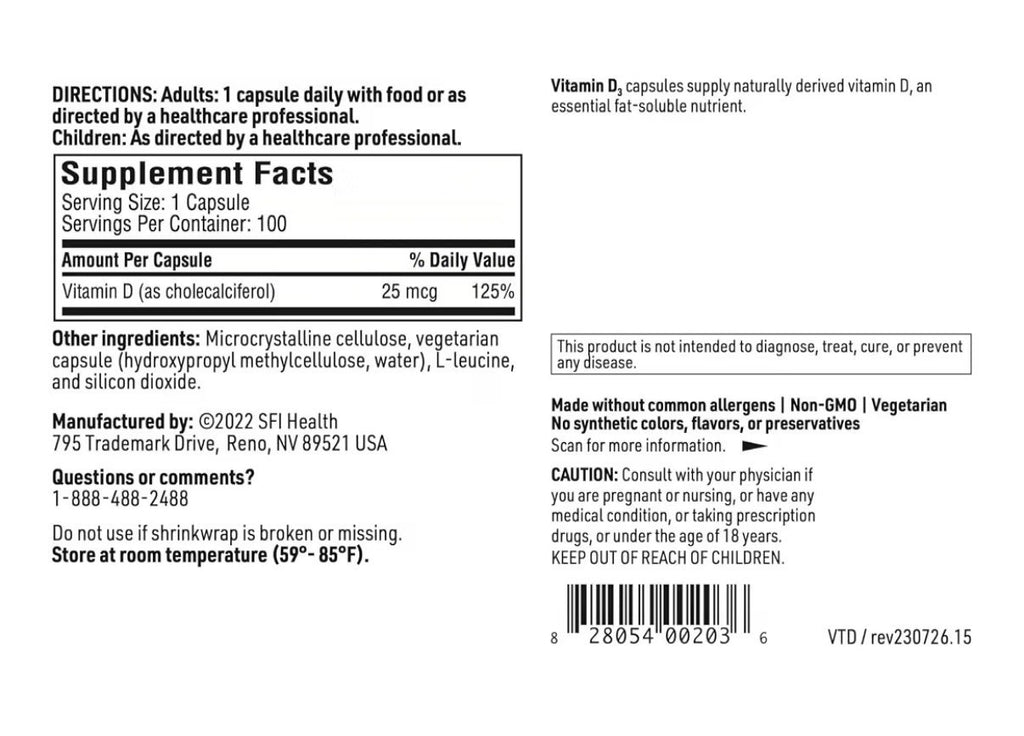SFI Health Vitamin D3 1000 IU Bioavailable Natural Form High Potency 100 Capsule
