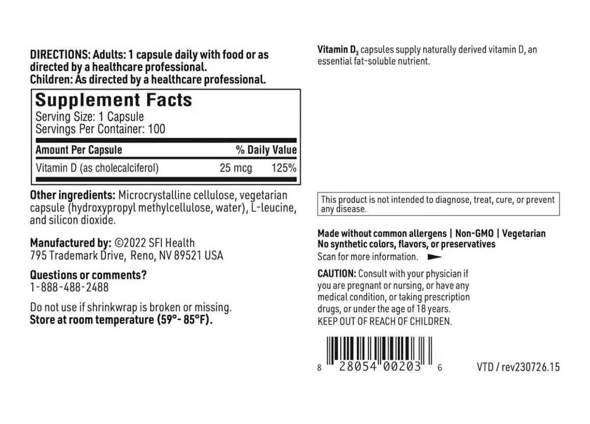 SFI Health Vitamin D3 1000 IU Bioavailable Natural Form High Potency 100 Capsule