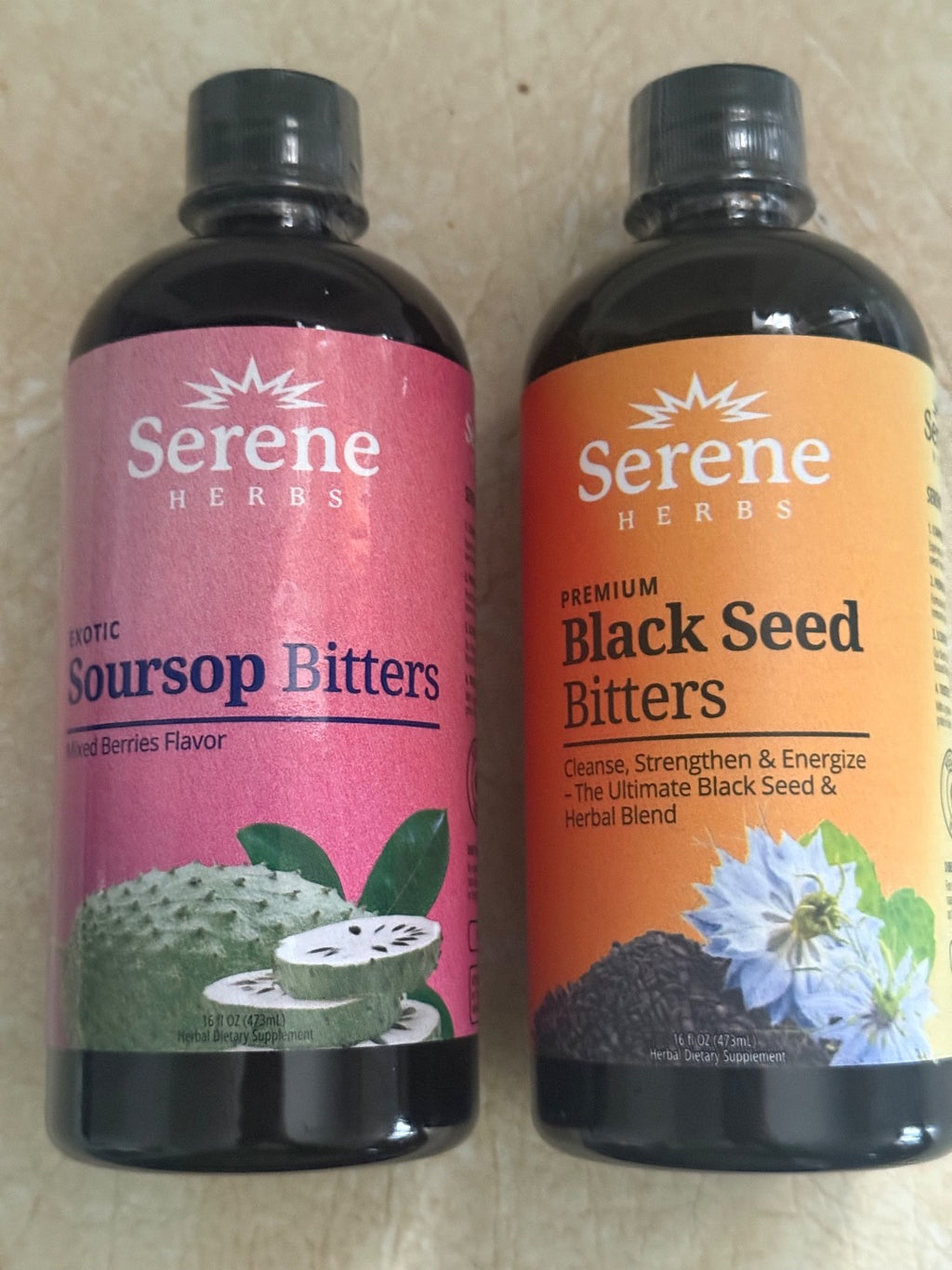 Serene Herbs Soursop Bitters Herbal Detox & Black Seed Bitters Bundle 16oz Each