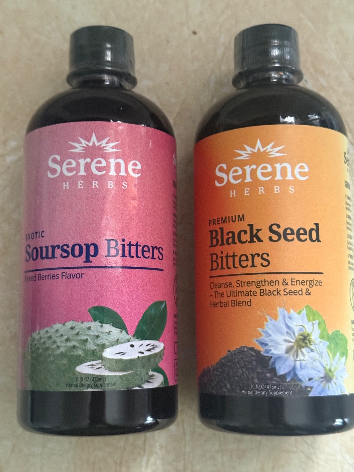Serene Herbs Soursop Bitters Herbal Detox & Black Seed Bitters Bundle 16oz Each