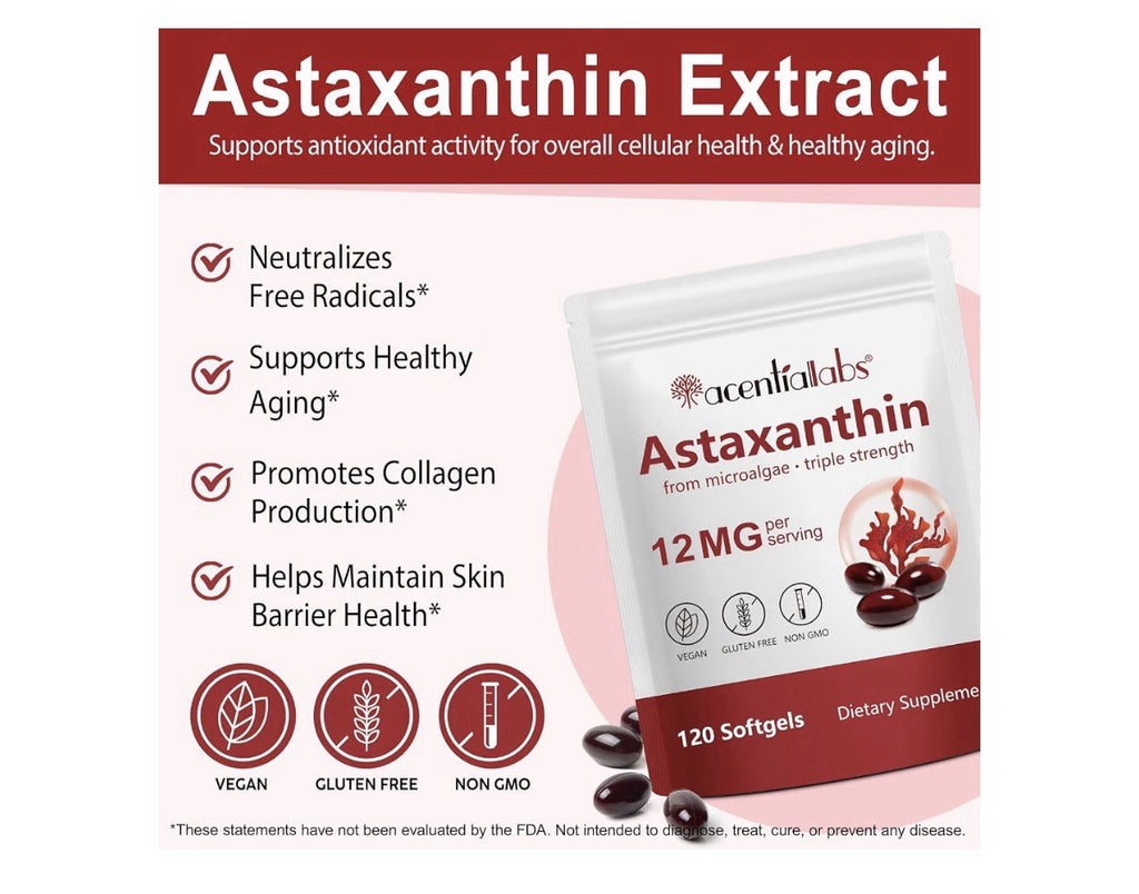 2 Pack Acentialabs Astaxanthin Triple Strength 12mg Heart Skin Vision Joints