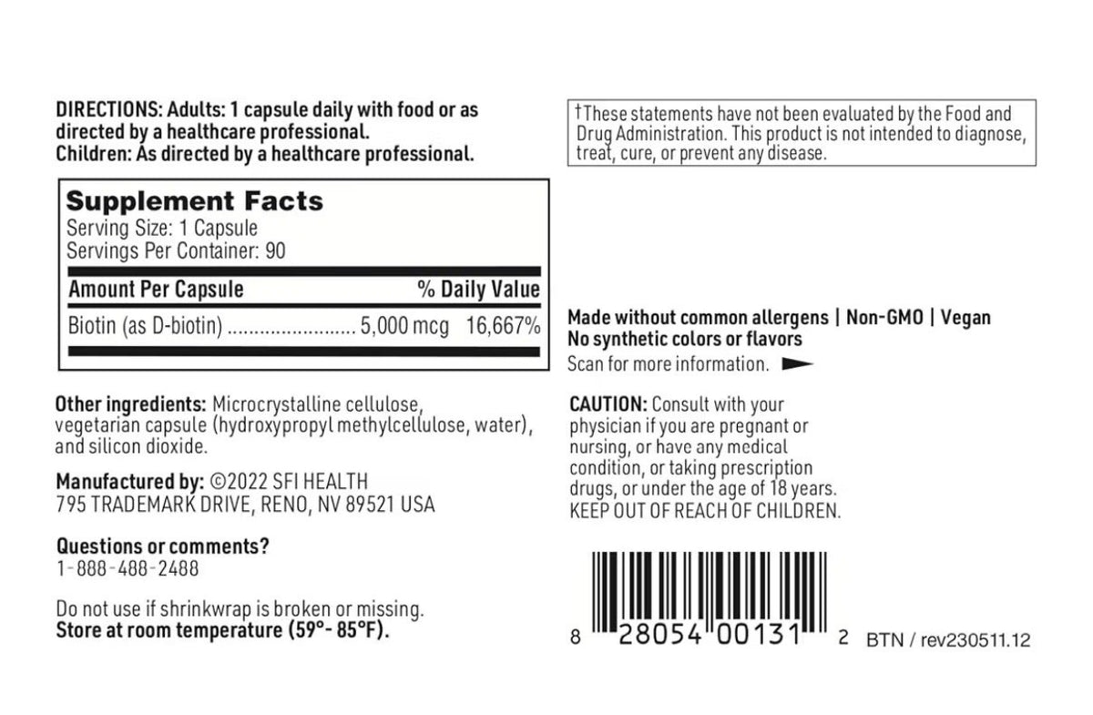 SFI Health Biotin 5000mcg Hair And Nail Support 90 Capsules