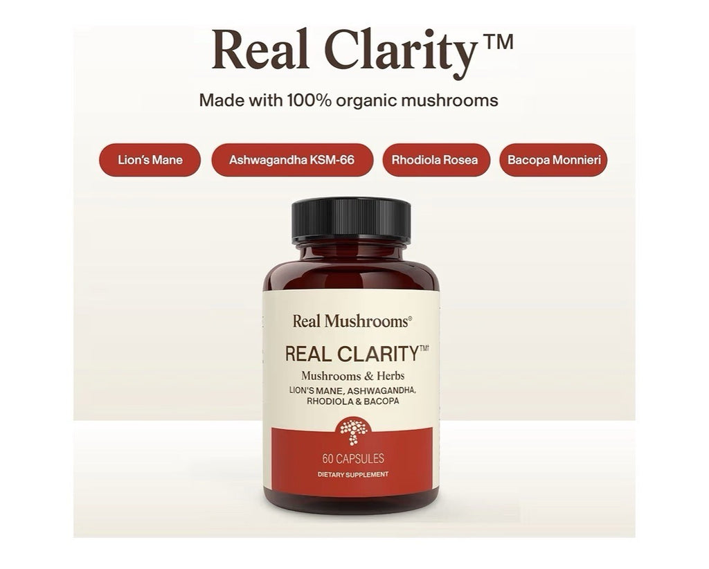 Real Mushrooms RealClarity Lion’s Mane KSM-66 Ashwagandha Rhodiala Bacopa 60Caps