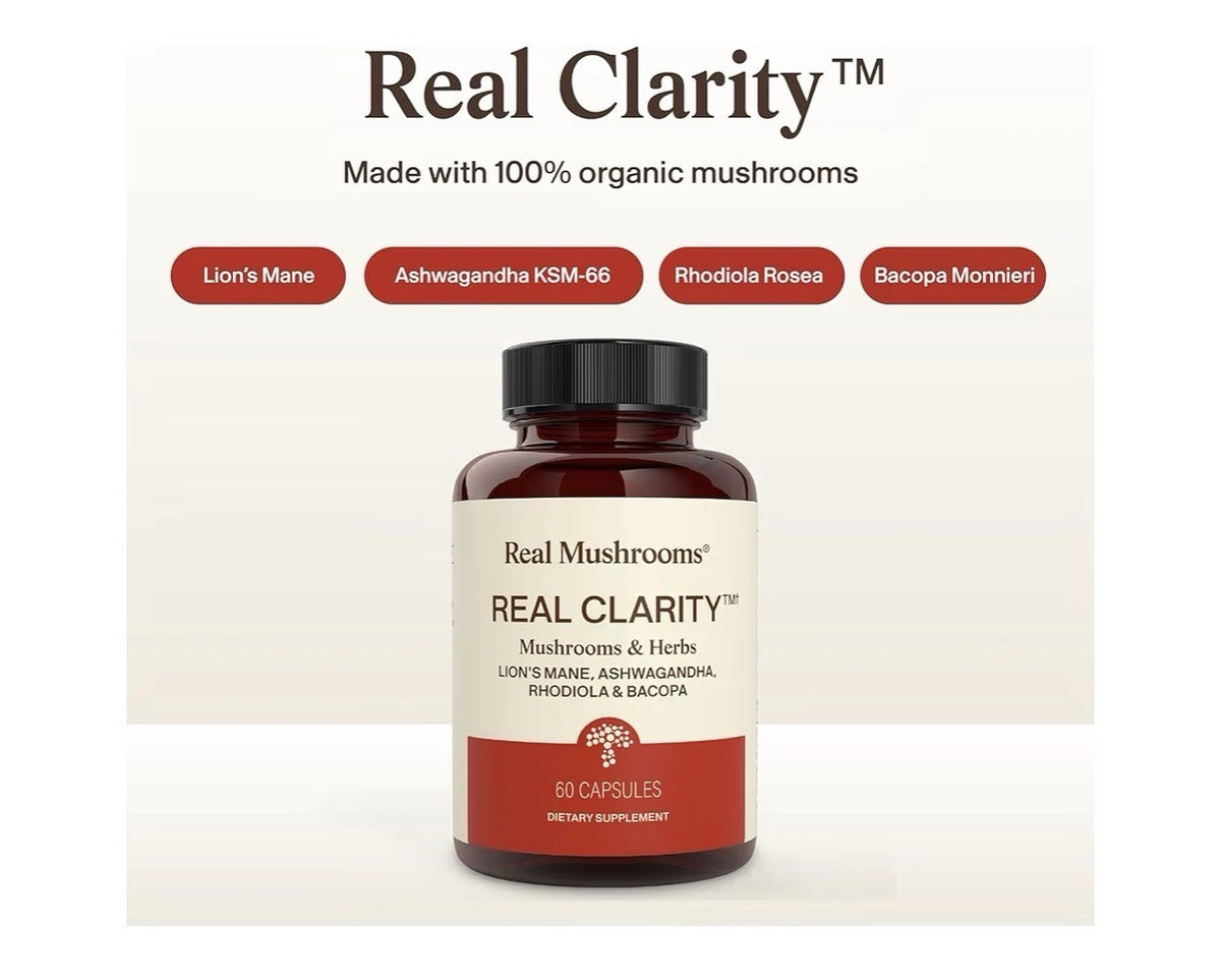 Real Mushrooms RealClarity Lion’s Mane KSM-66 Ashwagandha Rhodiala Bacopa 60Caps
