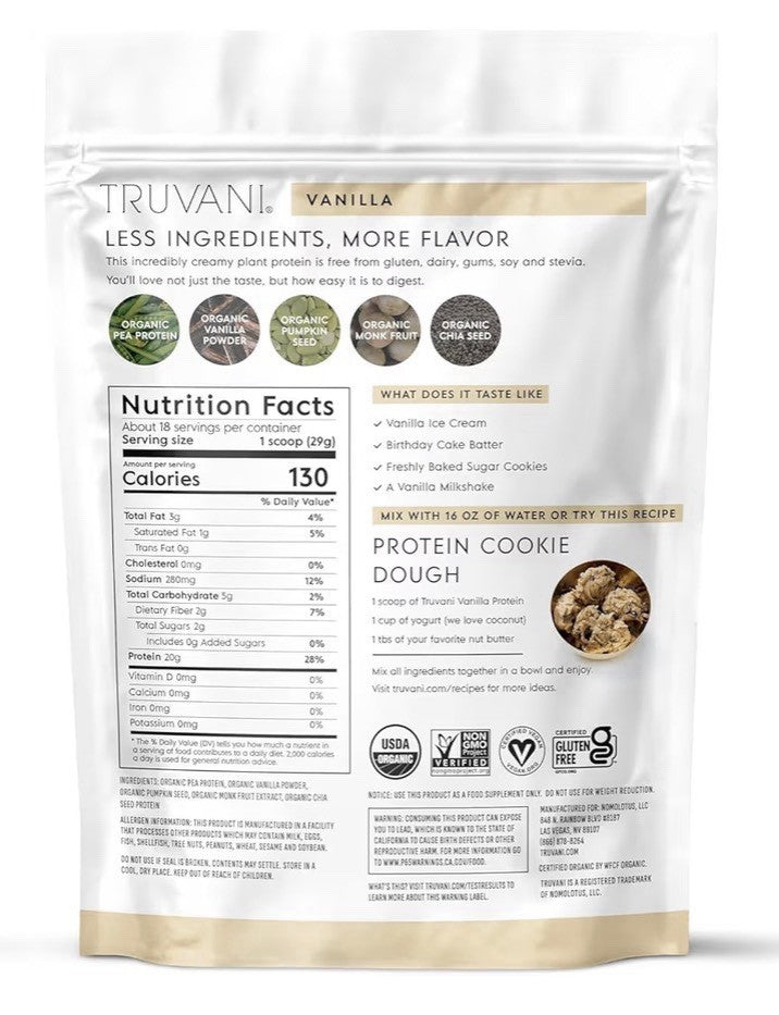 Truvani Protein Organic Planet Based Powder Vanilla 5 Ingredients 18serving 20g