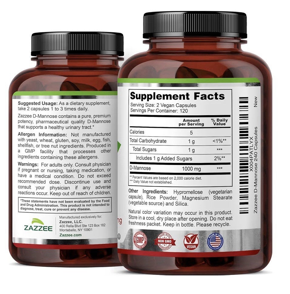 Zazzee D-Mannose Healthy Urinary Tract Support 4 Month Supply 240 Capsules