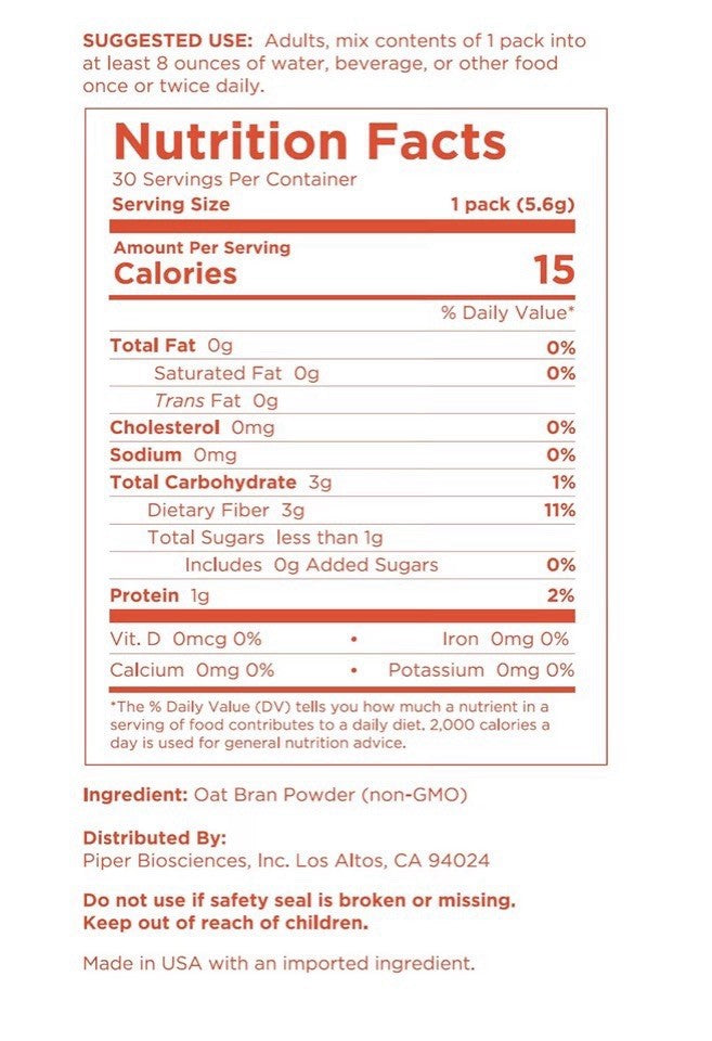 Piper Biosciences Oat Prebiotic Fiber Powder Healthy Blood Glucose Cholesterol
