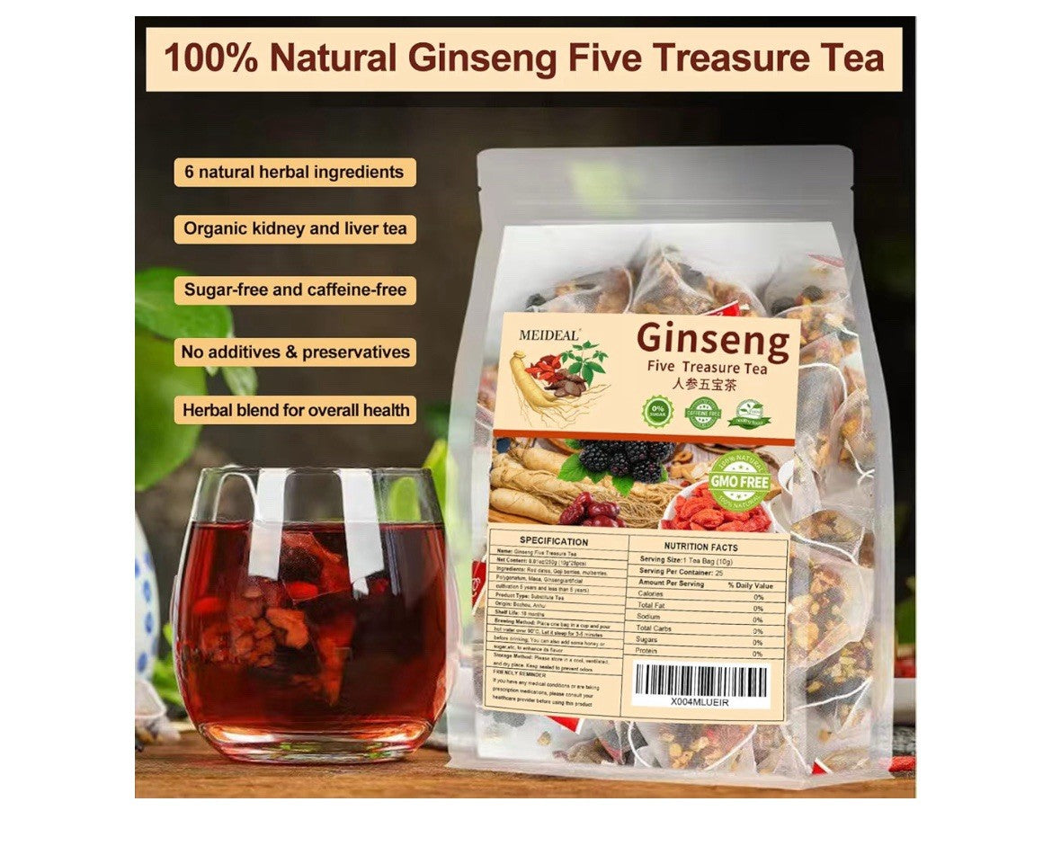 Meideal Ginseng Five Treasures Tea Natural Kidney Tea for Women Men 50 Tea Bags