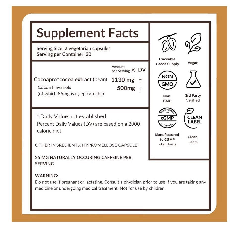 CocoaVia Cocoa Flavanols 500mg Heart Brain Cognitive Circulation Support 60 Caps